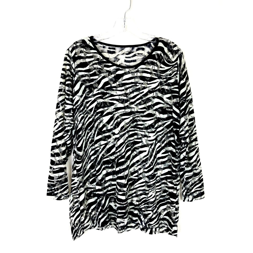 Women's Sheer Mesh Floral Lace See-Through Top Black White Size M-L Long Sleeve